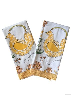 NEW Anthropologie 2 Cotton Tea Towels Bird Teapot Floral Mid Century Print